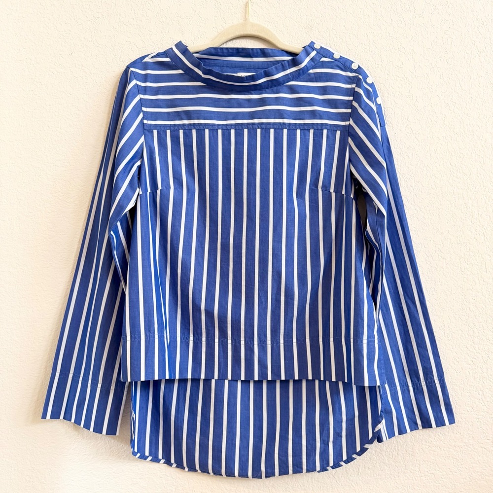 J.Crew Stripe Funnelneck Top in Cotton Poplin Blue Boatneck Blouse Sz 2 Nautical